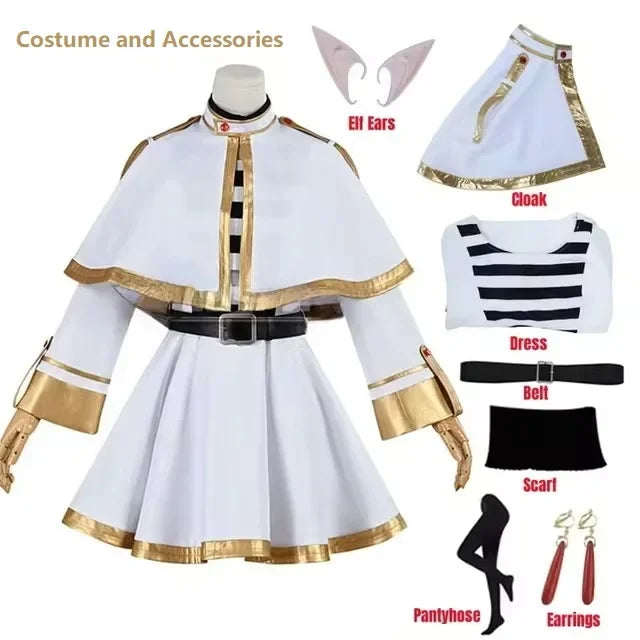 Frieren Cosplay Costume Set featuring dress, wig, elf ears, and earrings for anime enthusiasts.