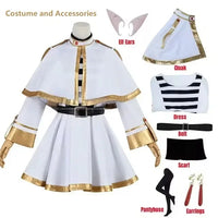 Frieren Cosplay Costume Set featuring dress, wig, elf ears, and earrings for anime enthusiasts.