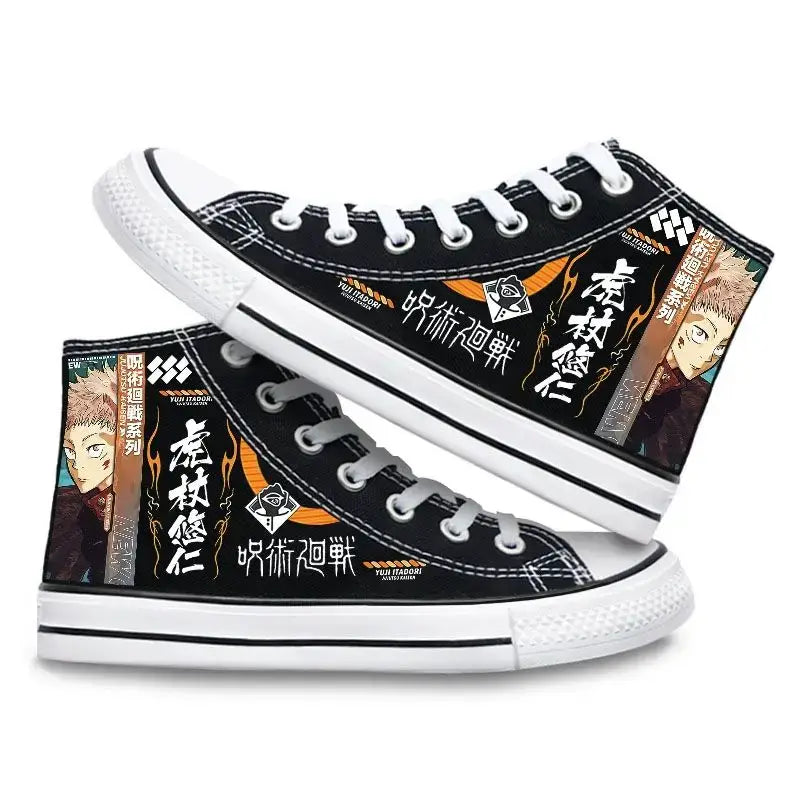 Pair of Jujutsu Kaisen Canvas Shoes featuring Gojo Satoru and Fushiguro Megumi creative cartoon patterns, designed as fashion high-top sneakers.