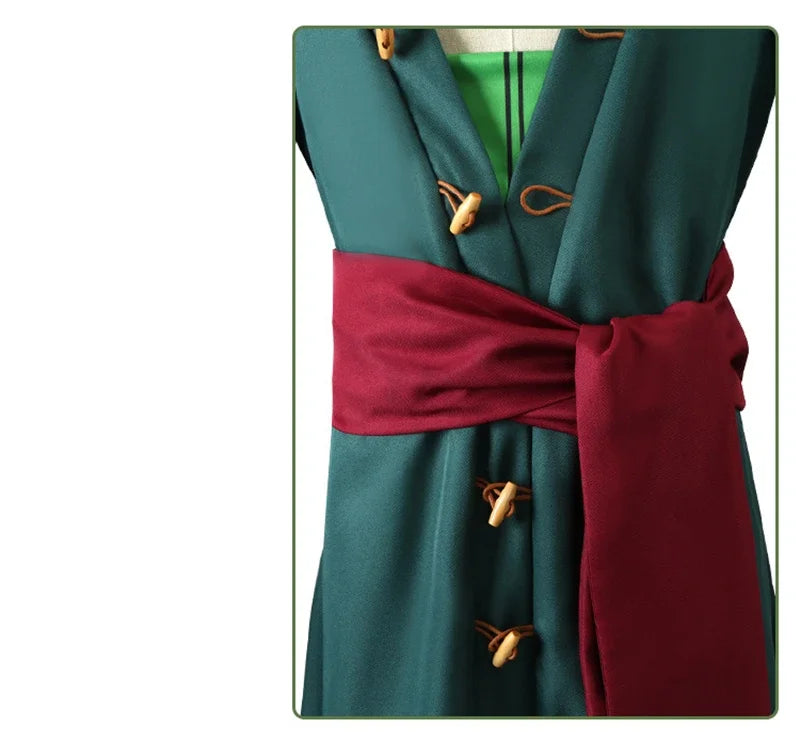 Roronoa Zoro Cosplay Costume including outfit, head scarf, and earrings available in adult sizes.