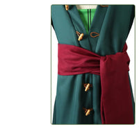 Roronoa Zoro Cosplay Costume including outfit, head scarf, and earrings available in adult sizes.