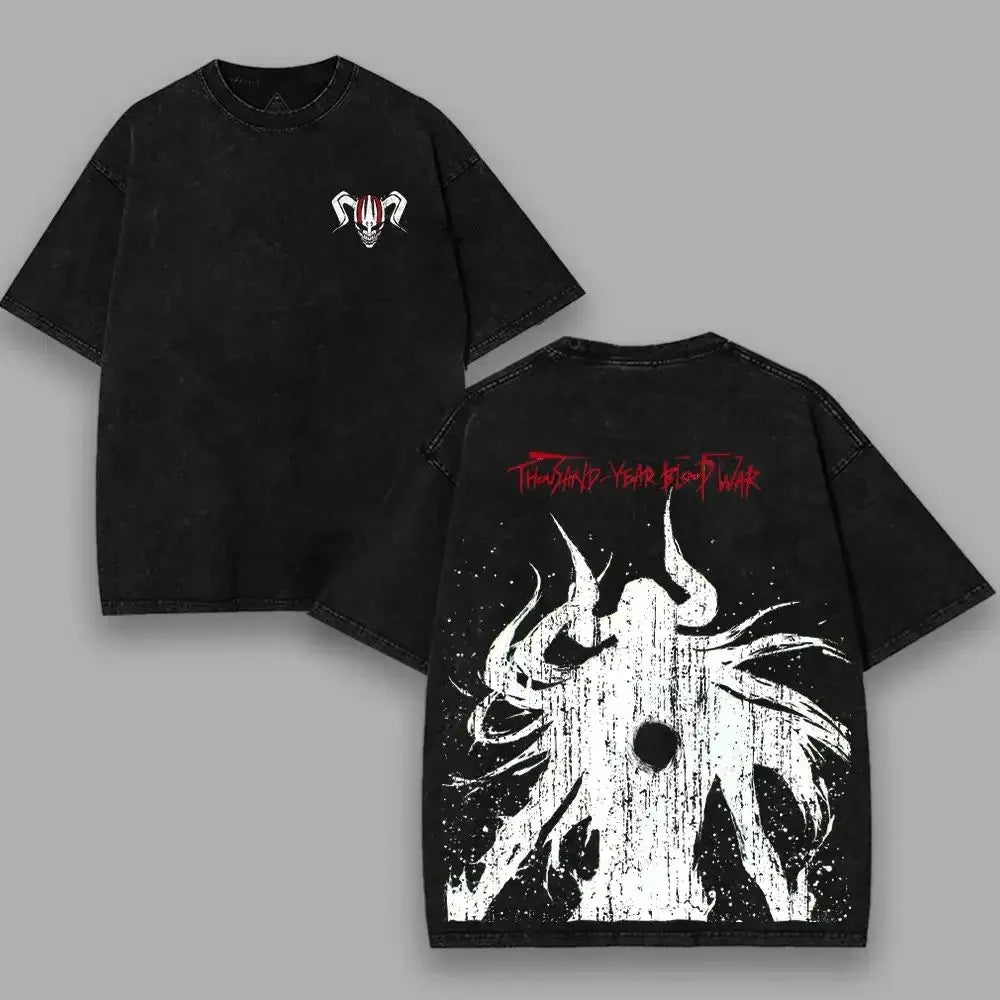 Bleach T-Shirt Vintage Washed Anime Streetwear oversized nylon-cotton blend Y2K hip-hop Bleach anime graphic washed finish applique unisex S to XXXL front view