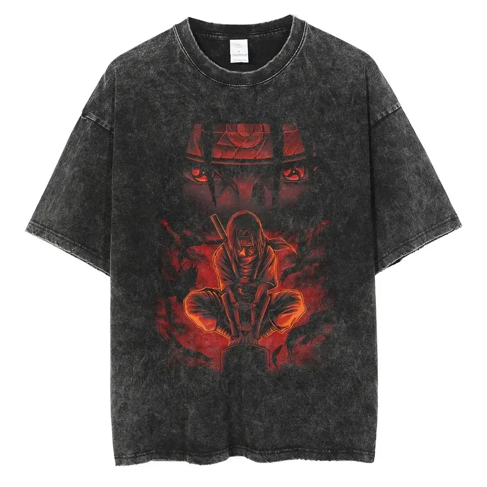 A man wearing the vintage black Japanese Anime Naruto Print T Shirt in a Harajuku hip hop streetwear style.