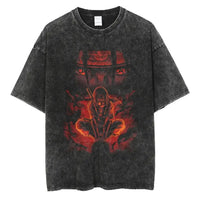 A man wearing the vintage black Japanese Anime Naruto Print T Shirt in a Harajuku hip hop streetwear style.