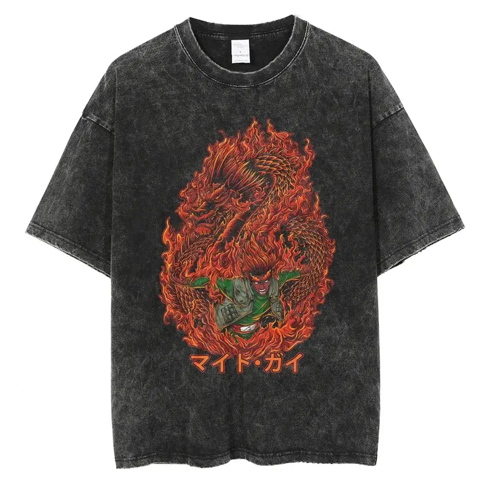 A man wearing the vintage black Japanese Anime Naruto Print T Shirt in a Harajuku hip hop streetwear style.