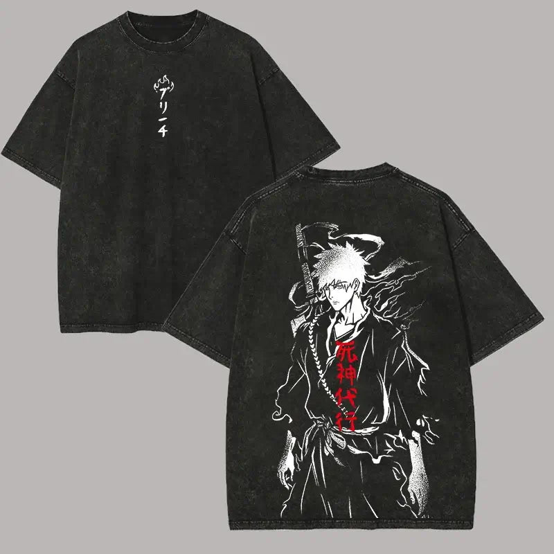 Ichigo Kurosaki Ink Sketch Kanji Double-Sided T-Shirt featuring vintage wash and oversized style.