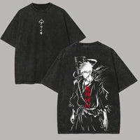 Ichigo Kurosaki Ink Sketch Kanji Double-Sided T-Shirt featuring vintage wash and oversized style.