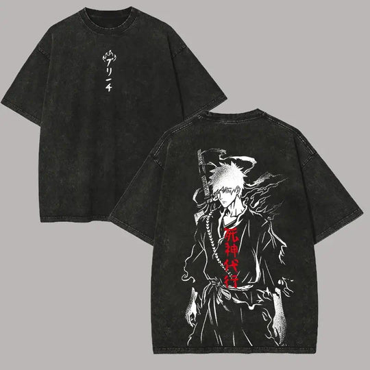 Ichigo Kurosaki Ink Sketch Kanji Double-Sided T-Shirt featuring vintage wash and oversized style.