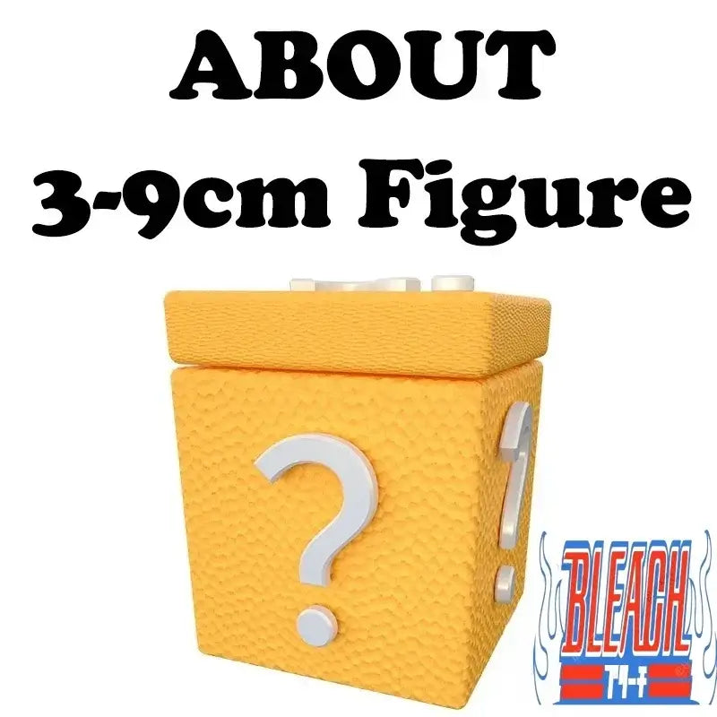 A vibrant Bleach Blind Box packaging revealing highly detailed anime action figures of Kurosaki Ichigo, Sosuke Aizen, and Rukia Kuchiki for collector display.