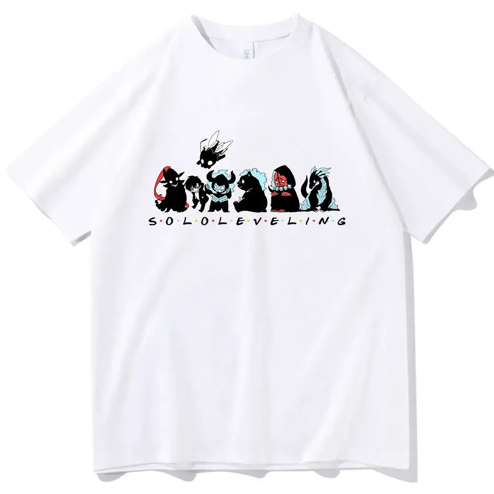 A Cute Solo Leveling T-shirt with a chibi anime design, perfect as a short sleeve O-neck gift for fans.