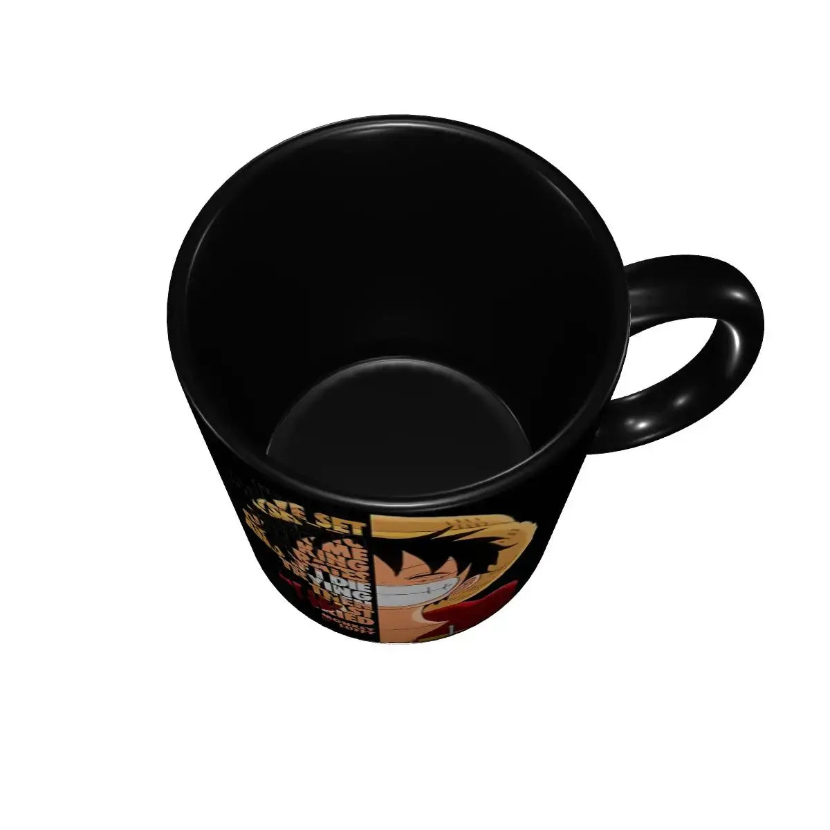 A ceramic Monkey D Luffy Quotes One Piece Mug featuring funny anime text and pirate character art, designed as a durable present for kids.