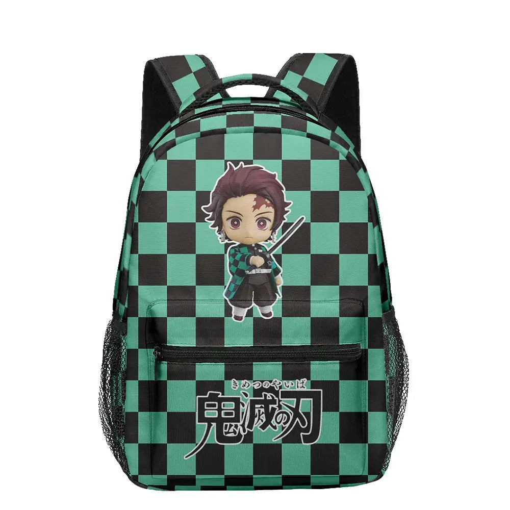 A 3-piece Demon Slayer Backpack Set featuring Tanjiro and Nezuko anime art, including a school bag, lunch box, and pencil case for elementary students.