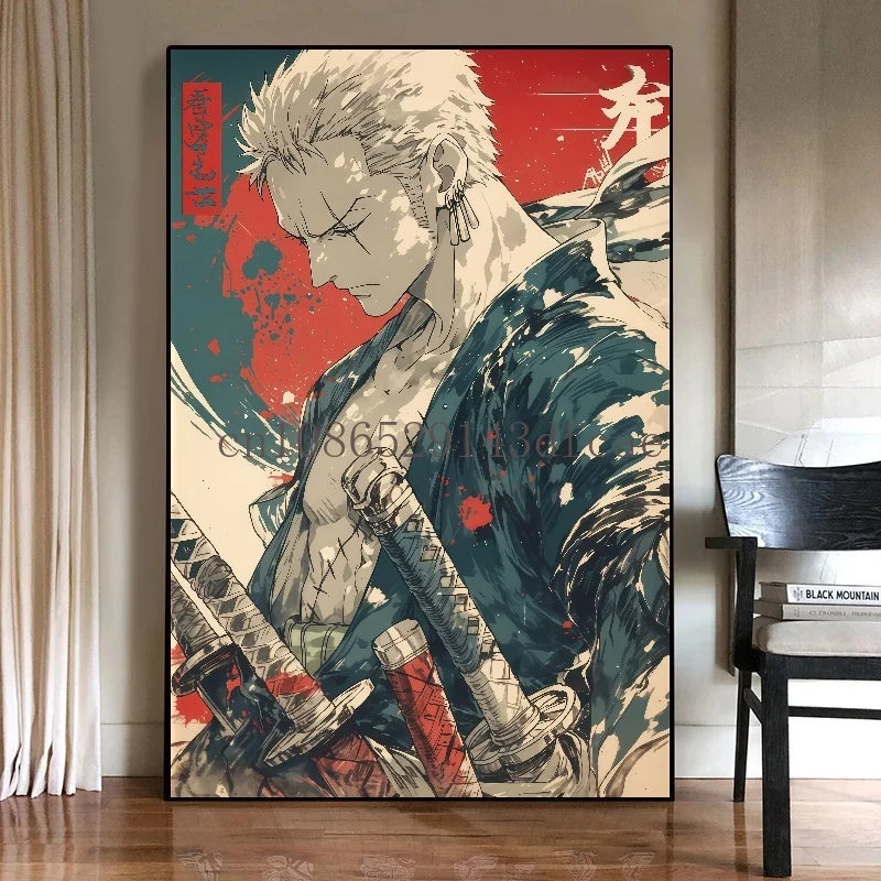A high-quality One Piece Canvas Print featuring classic Japanese anime characters like Luffy, designed as unframed wall art for living room decoration.