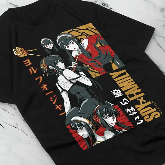 A stylish Yor Forger T-Shirt featuring black and white manga graphic art of the Thorn Princess from Spy x Family, designed as oversized women's streetwear.