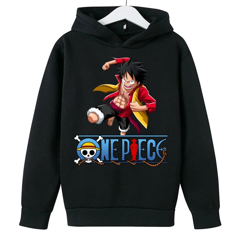 A trendy One Piece Kids Hoodie featuring cartoon graphic prints of Luffy and Zoro, designed as a casual spring and autumn pullover for children.