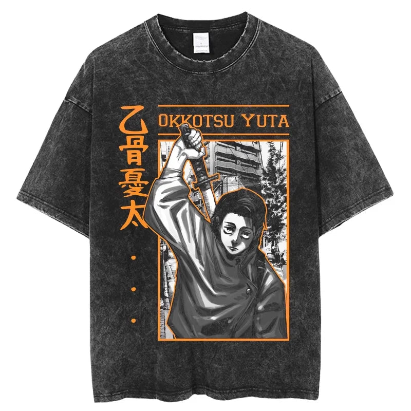 Yuji and Sukuna Split Face T-Shirt featuring character Yuta from Jujutsu Kaisen in a washed cotton design.