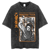 Yuji and Sukuna Split Face T-Shirt featuring character Yuta from Jujutsu Kaisen in a washed cotton design.