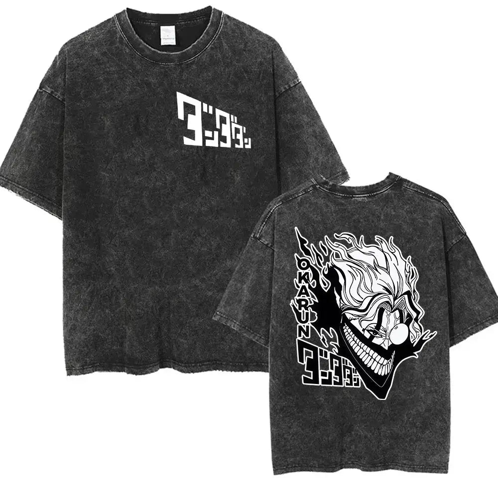 A unisex vintage washed Japan Anime Dandadan Okarun Graphic T Shirt made from high-quality cotton for streetwear fashion.