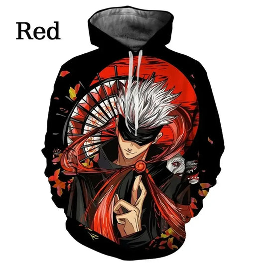 Men's Jujutsu Kaisen Satoru Gojo Hoodie with a vibrant 3D print pattern, perfect anime and manga fashion pullover sweatshirt.