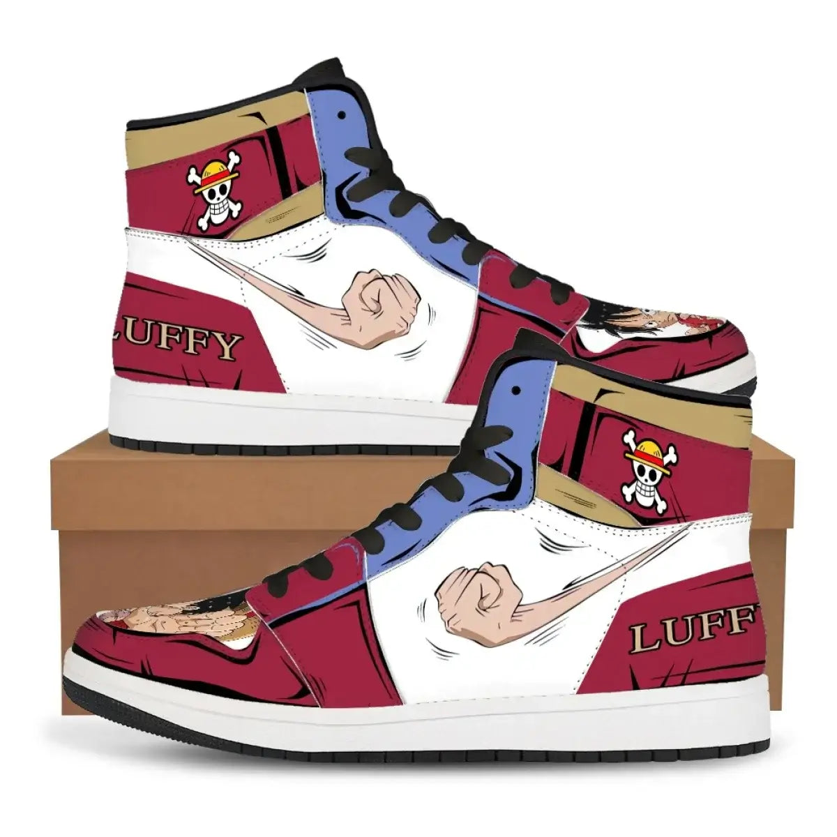 A pair of custom One Piece Basketball Shoes featuring anime designs of Luffy and Zoro, suitable as unisex sneakers.