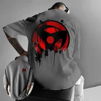 A high-quality Obito Uchiha T-shirt made of soft cotton, featuring a graphic anime print for men and boys, styled as parent-child casual wear.