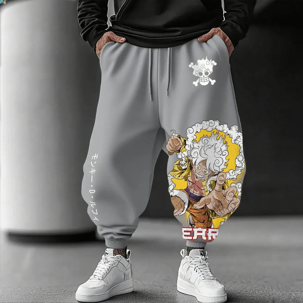 Trendy Luffy Gear 5 Pants featuring a graphic print of Sun God Nika, designed as casual hip-hop sweatpants for men's gym and streetwear fashion.