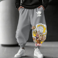 Trendy Luffy Gear 5 Pants featuring a graphic print of Sun God Nika, designed as casual hip-hop sweatpants for men's gym and streetwear fashion.
