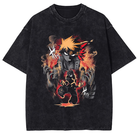 Kirishima Eijiro Washed T-Shirt featuring bold manga art on a black background, embodying anime streetwear style.