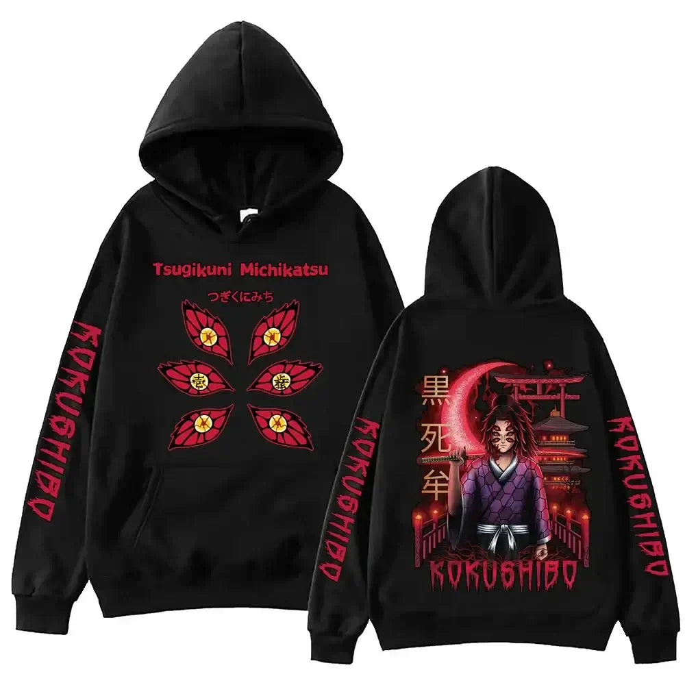A trendy Demon Slayer Hoodie made of warm fleece, featuring a Harajuku streetwear graphic print for men's and women's autumn fashion.
