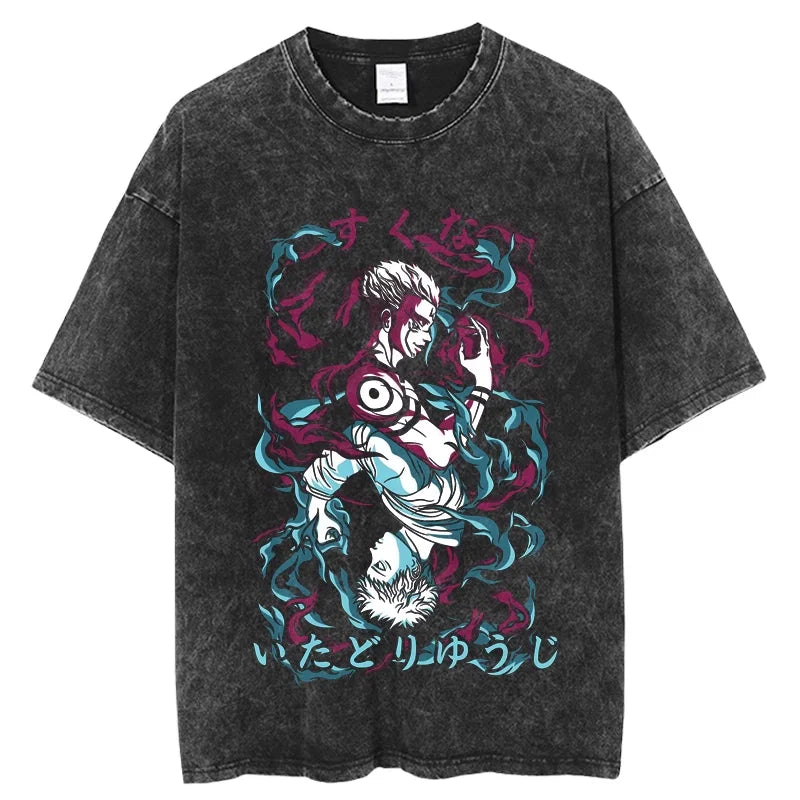 Yuji and Sukuna Split Face T-Shirt featuring a bold graphic of Yuji and Sukuna, showcasing a retro style and washed cotton finish.
