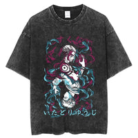 Yuji and Sukuna Split Face T-Shirt featuring a bold graphic of Yuji and Sukuna, showcasing a retro style and washed cotton finish.