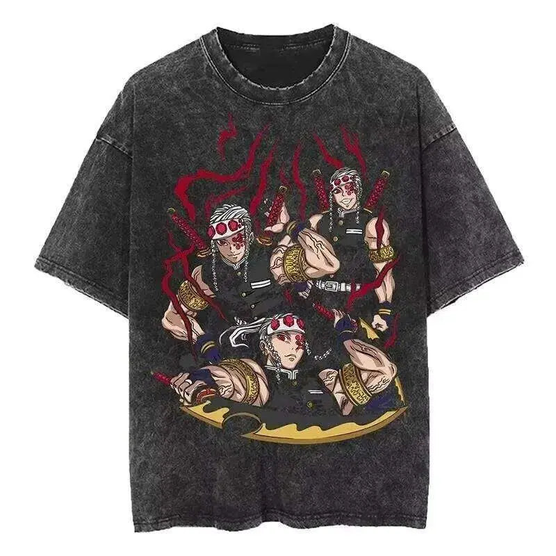 Demon Slayer Rengoku Flame Hashira Anime T-Shirt featuring vibrant artwork of characters in dynamic poses.