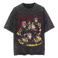 Demon Slayer Rengoku Flame Hashira Anime T-Shirt featuring vibrant artwork of characters in dynamic poses.