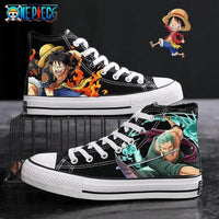 Trendy One Piece Canvas Shoes featuring colorful graffiti art of Luffy, Zoro, and Portgas D. Ace for casual men's and women's fashion.