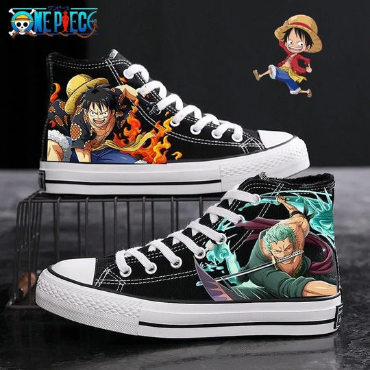 Trendy One Piece Canvas Shoes featuring colorful graffiti art of Luffy, Zoro, and Portgas D. Ace for casual men's and women's fashion.