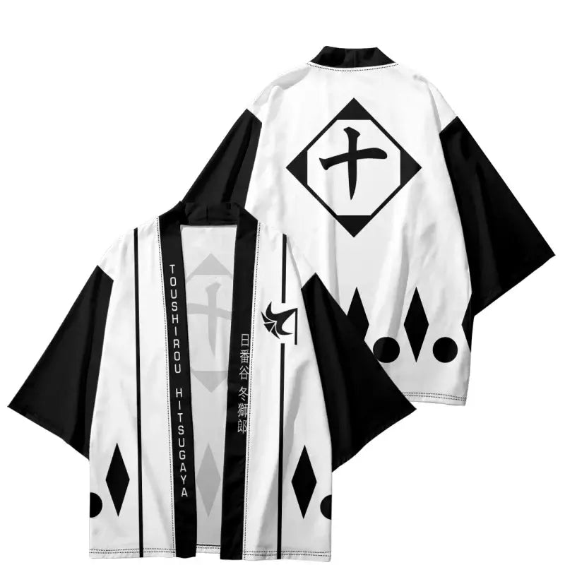 A stylish Bleach Cosplay Kimono cardigan featuring Kurosaki Ichigo and Kenpachi Zaraki designs, functioning as a Haori cloak for parties and cosplay.