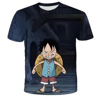 A 3D printed One Piece Luffy T-Shirt featuring a dynamic cartoon cosplay graphic of Monkey D. Luffy for boys' summer fashion.