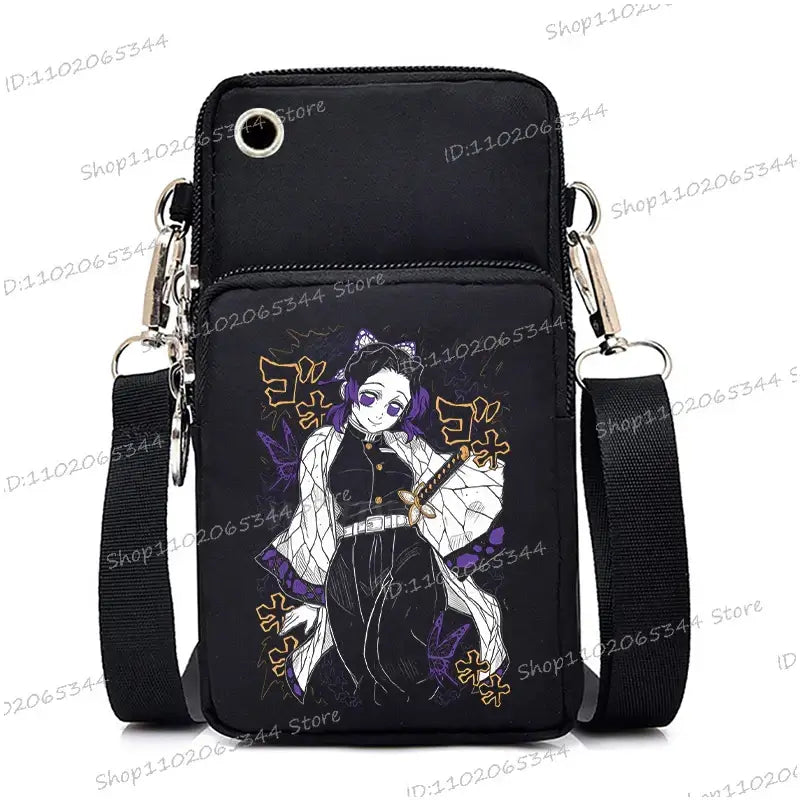 A trendy Demon Slayer Phone Bag featuring anime art of Nezuko Kamado and Mitsuri Kanroji, designed as a Harajuku mini crossbody purse for women and men.