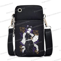 A trendy Demon Slayer Phone Bag featuring anime art of Nezuko Kamado and Mitsuri Kanroji, designed as a Harajuku mini crossbody purse for women and men.