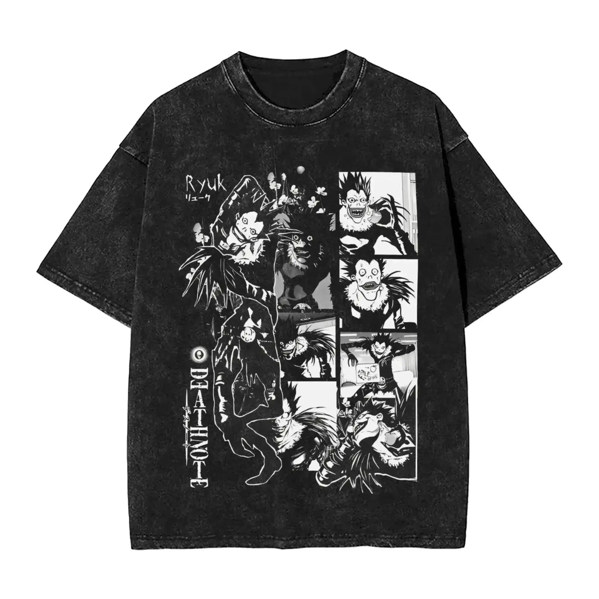 L Lawliet T-Shirt Death Note vintage washed cotton graphic tee with oversized fit O-neck collar and drop-shoulder short sleeves front view