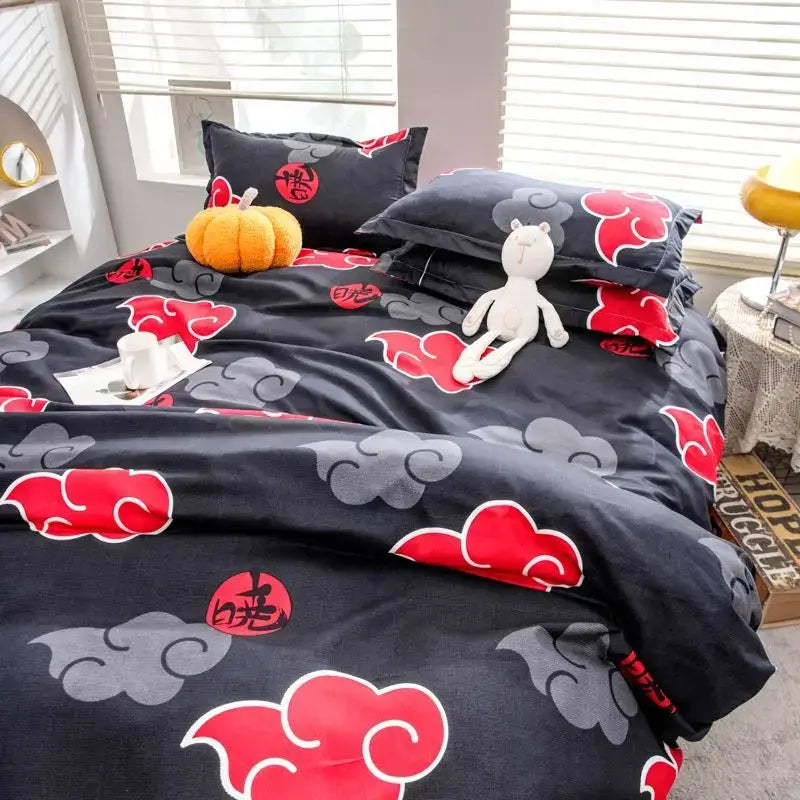 A creative Naruto Akatsuki Bedding four-piece set featuring cute 2D cartoon anime characters on a duvet cover and bed sheets.