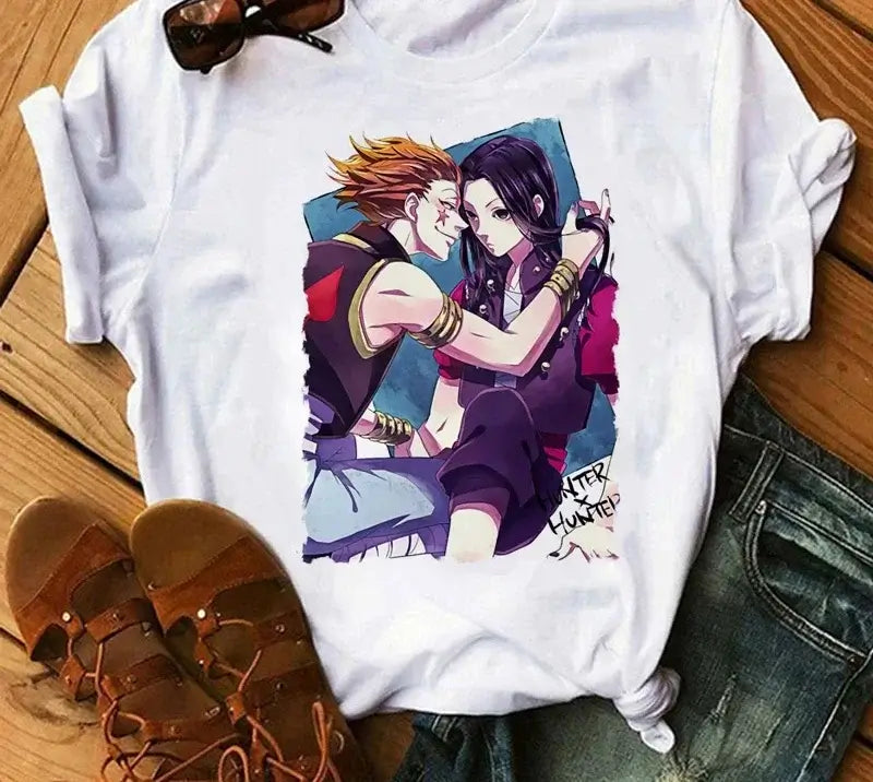 A woman wearing the casual vintage Japanese Anime Hunter X Hunter Graphic T Shirt.