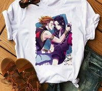 A woman wearing the casual vintage Japanese Anime Hunter X Hunter Graphic T Shirt.