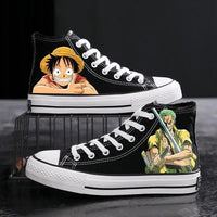 Trendy One Piece Canvas Shoes featuring colorful graffiti art of Luffy, Zoro, and Portgas D. Ace for casual men's and women's fashion.