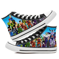 Trendy Dragon Ball High Top Canvas Shoes featuring Goku and Vegeta animation art, breathable flat sneakers for students and fans.