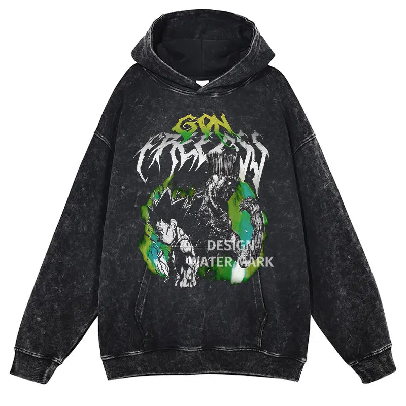 Gon Freecss Hunter x Hunter Washed Hoodie in black with graphic design, perfect for manga streetwear enthusiasts.