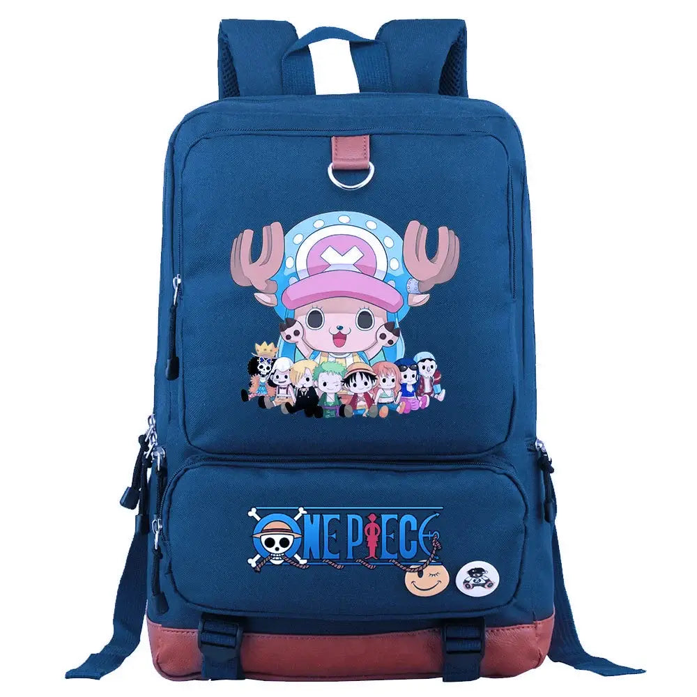 A large, unisex One Piece Luffy Printed Unisex Backpack suitable for school and travel, with compartments for a laptop and iPad.