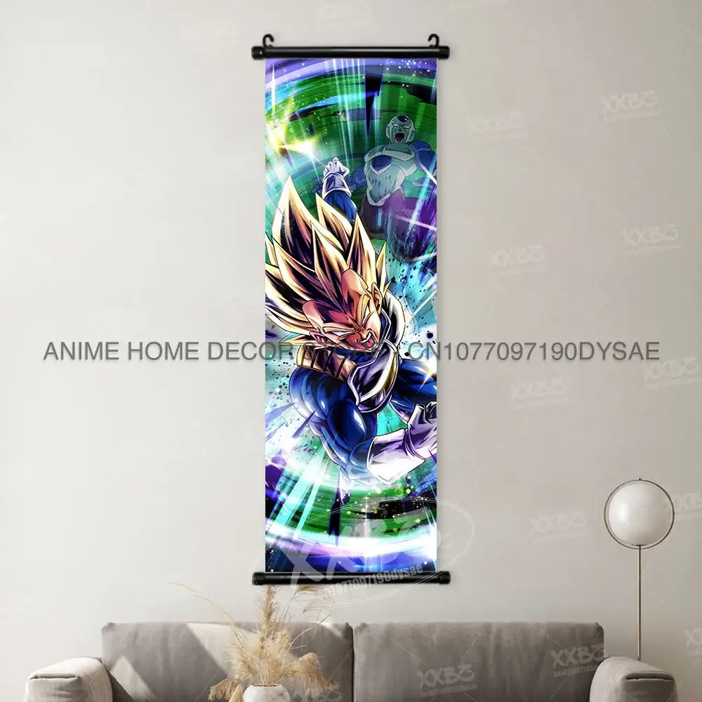High-definition Dragon Ball Posters hanging scroll wall art featuring Son Goku, Vegeta, and Frieza printed on canvas for home decor.