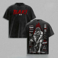 Baki Anime Vintage Washed Oversized T-Shirt featuring bold graphics and motivational text, available in sizes S–XXL.