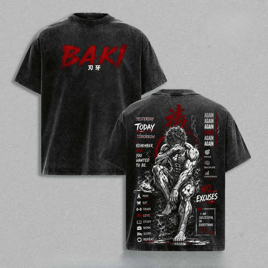 Baki Anime Vintage Washed Oversized T-Shirt featuring bold graphics and motivational text, available in sizes S–XXL.